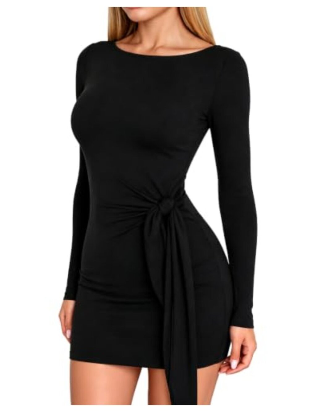 Long Sleeve Bodycon Mini Dress with Side Tie Boat Neck Fitted Casual